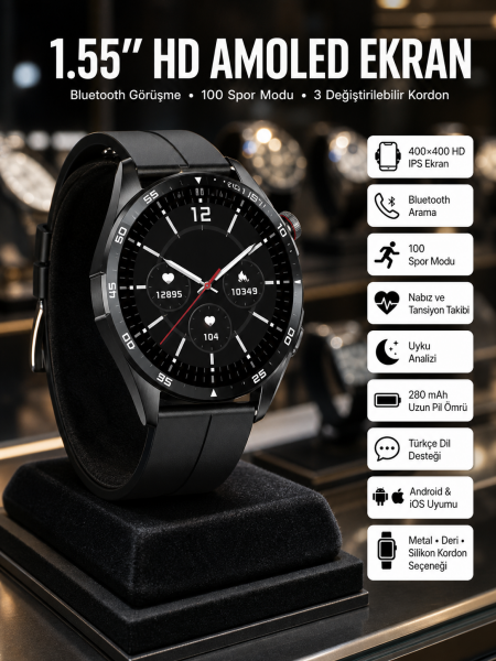 Amoled Ekran 3 Kordonlu Akıllı Saat 5.0 Bluetooth Bağlantılı Android ve İOS Uyumlu - Lisinya