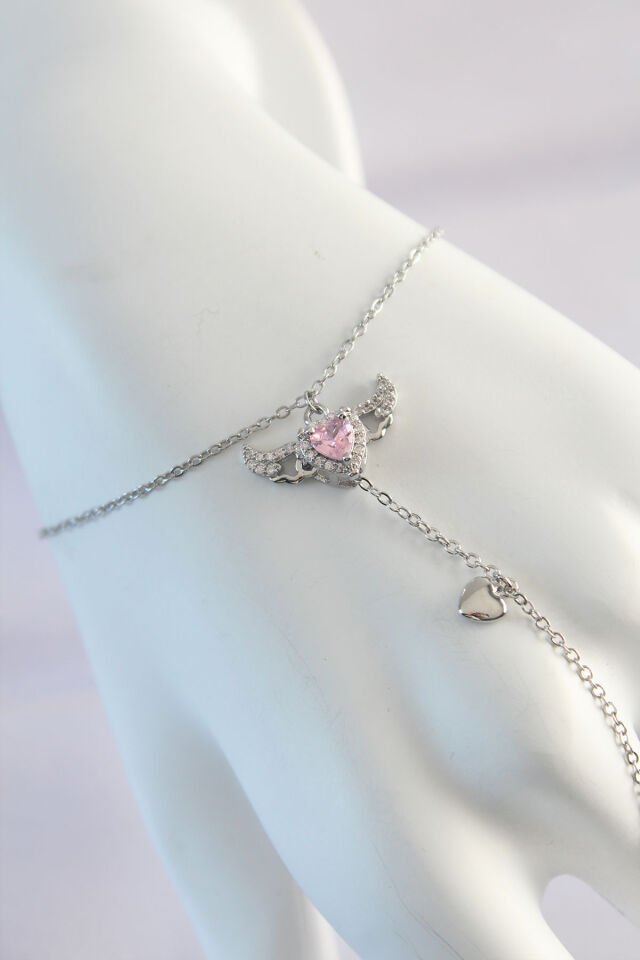 316L Çelik Gümüş Renk Pembe Zirkon Taşlı Kanatlı Kalp Model Şahmeran - Lisinya