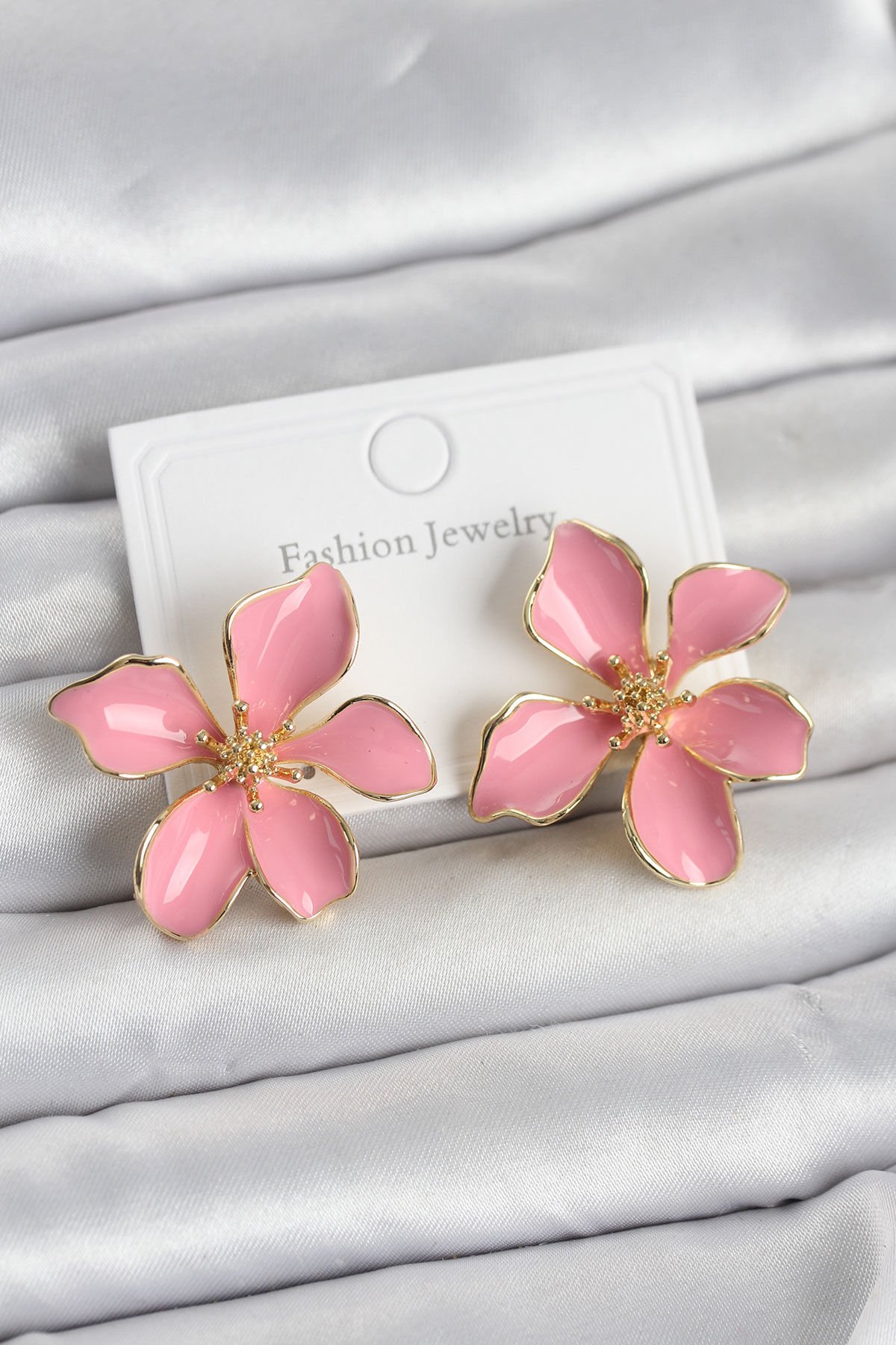 Pembe Mineli Çiçek Model Pirinç Kadın Küpe - Lisinya