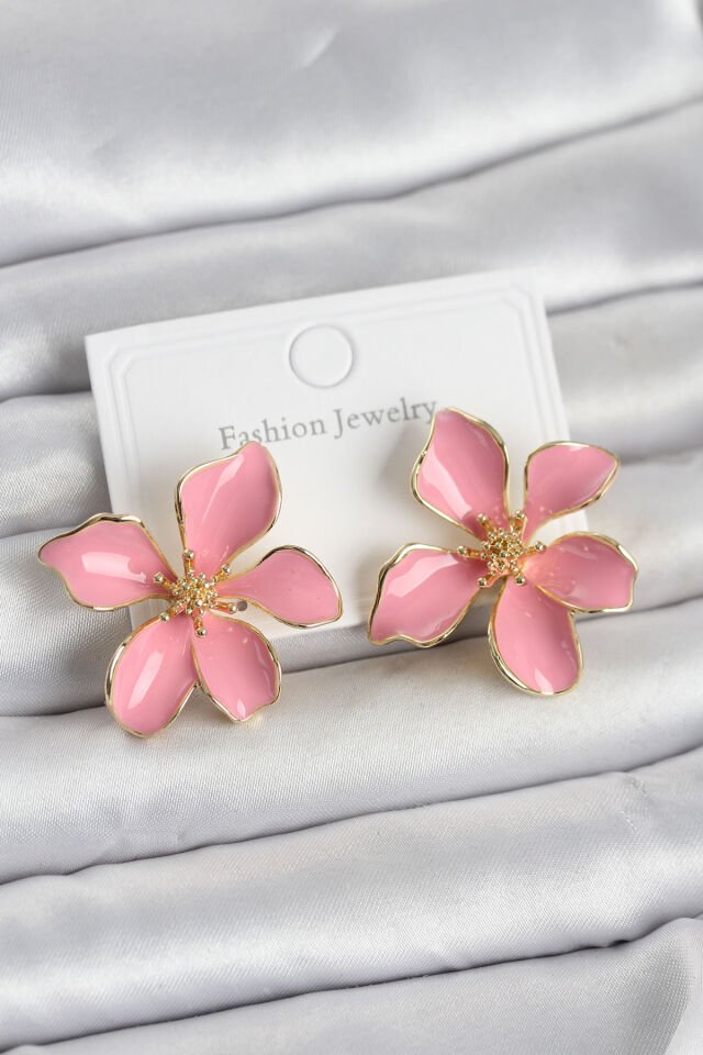 Pembe Mineli Çiçek Model Pirinç Kadın Küpe - Lisinya