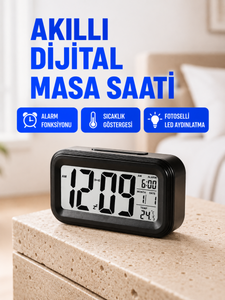 Fotoselli Dijital Masa Saati Aydınlatmalı Alarm ve Tarih Göstergeli - Lisinya