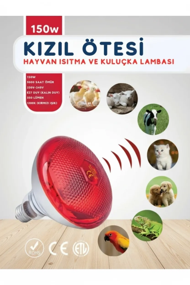 150W Kızılötesi (infrared) Isıtıcılı Hayvan Isıtma ve Kuluçka Lambası (Kırmızı Işık) E27 (Kalın Duy) ( Lisinya )