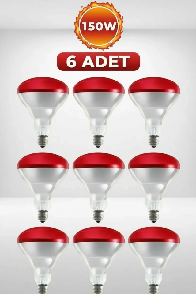 (6 Adet) 150W Kızılötesi Isıtıcılı Hayvan Isıtma ve Kuluçka Lambası (Kırmızı Işık) E27 (Kalın Duy) ( Lisinya )