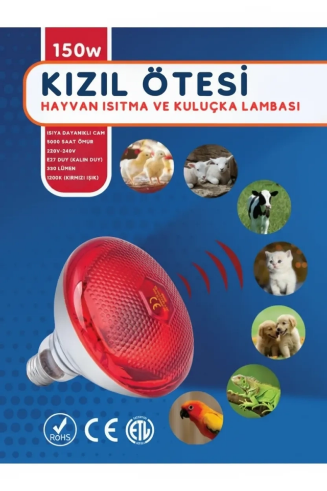 (6 Adet) 150W Kızılötesi Isıtıcılı Hayvan Isıtma ve Kuluçka Lambası (Kırmızı Işık) E27 (Kalın Duy) ( Lisinya )