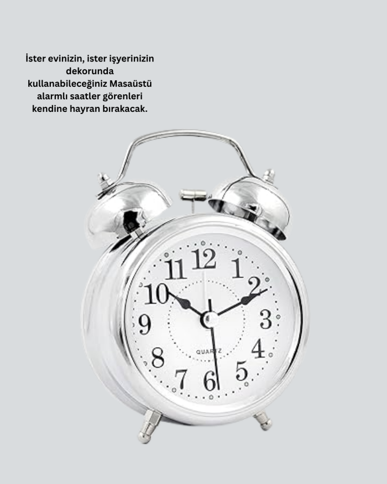 Yuvarlak Gümüş Dekoratif Işıklı Masa Üstü Saat Alarmlı Sessiz Çalışma - Lisinya