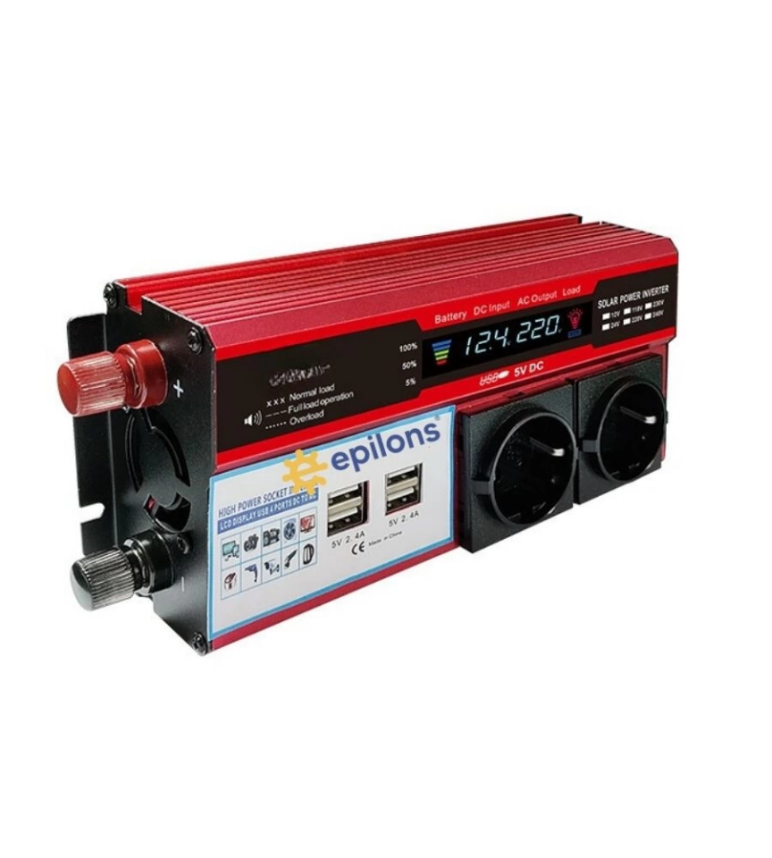 12V 2000W Modifiye Sinus İnverter Araç ve Güneş Enerjisi Uyumlu, Çift USB, Çift Priz ve Çakmaklık ( Lisinya )