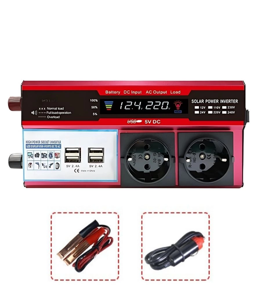 12V 2000W Modifiye Sinus İnverter Araç ve Güneş Enerjisi Uyumlu, Çift USB, Çift Priz ve Çakmaklık ( Lisinya )