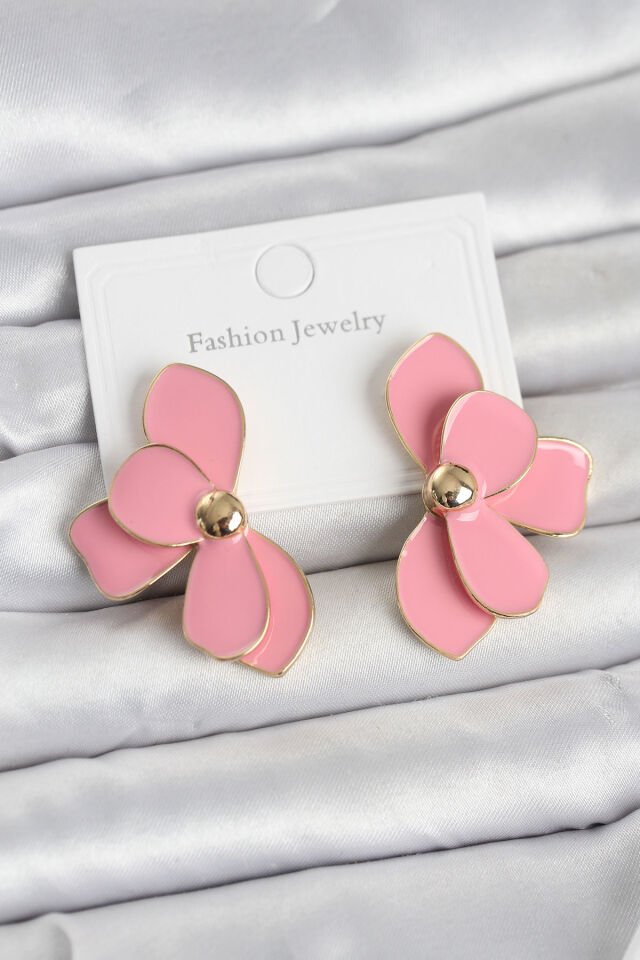 Pembe Mineli Lotus Model Pirinç Kadın Küpe - Lisinya