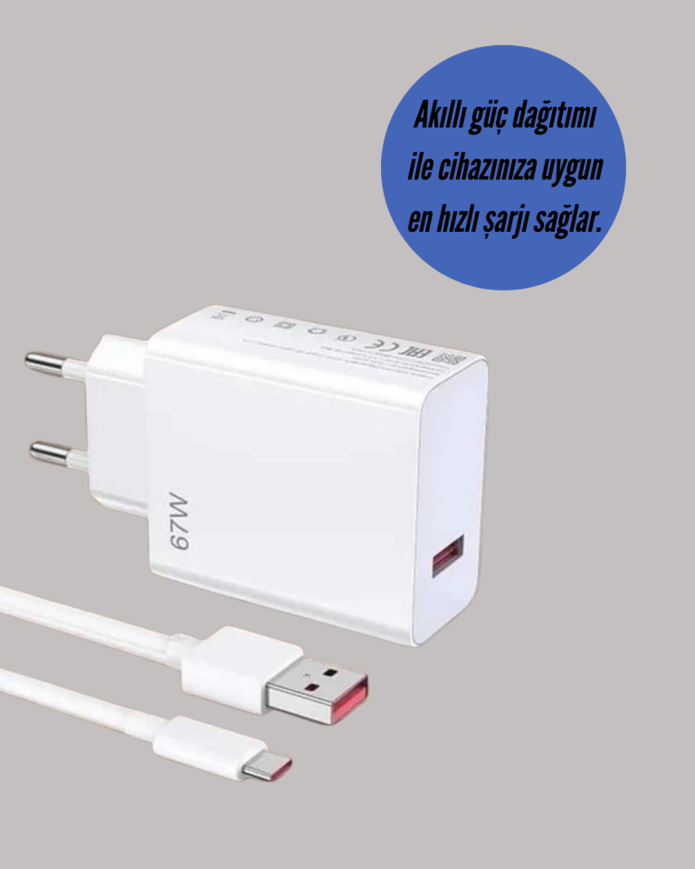 67W Turbo Hızlı Şarj Adaptörü ve Type-C Kablo Güvenli Şarj Teknolojisi - Lisinya