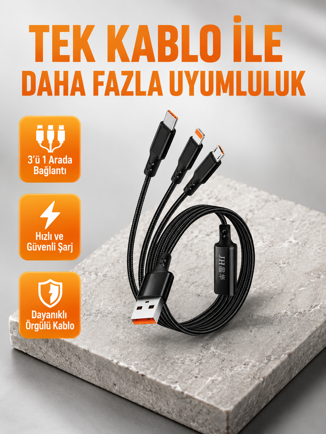 3’ü 1 Arada Şarj Kablosu Type-C iOS Android Uyumlu Hızlı ve Güvenli Şarj - Lisinya