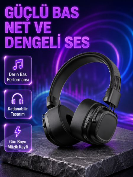 Kablosuz Kulak Üstü Bluetooth Kulaklık Güçlü Bas ve Katlanabilir Tasarım - Lisinya
