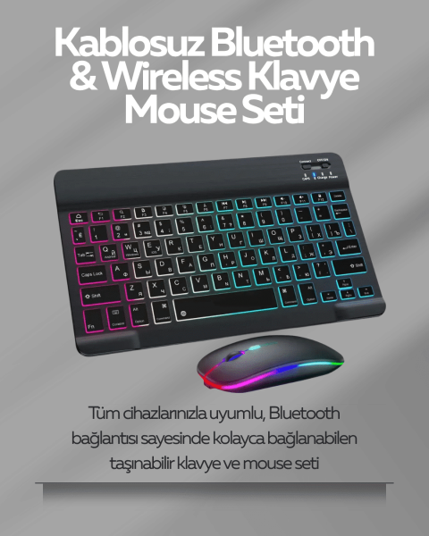 Tüm Cihazlarla Uyumlu RGB Işıklı Kablosuz Klavye ve Mouse Seti