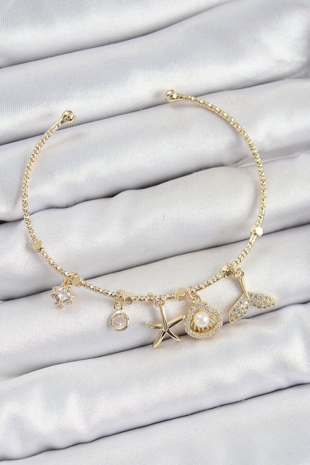 Pirinç Zirkon Taşlı İstiridye Ve Deniz Yıldızı Model Gold Renk Charm Bileklik - Lisinya