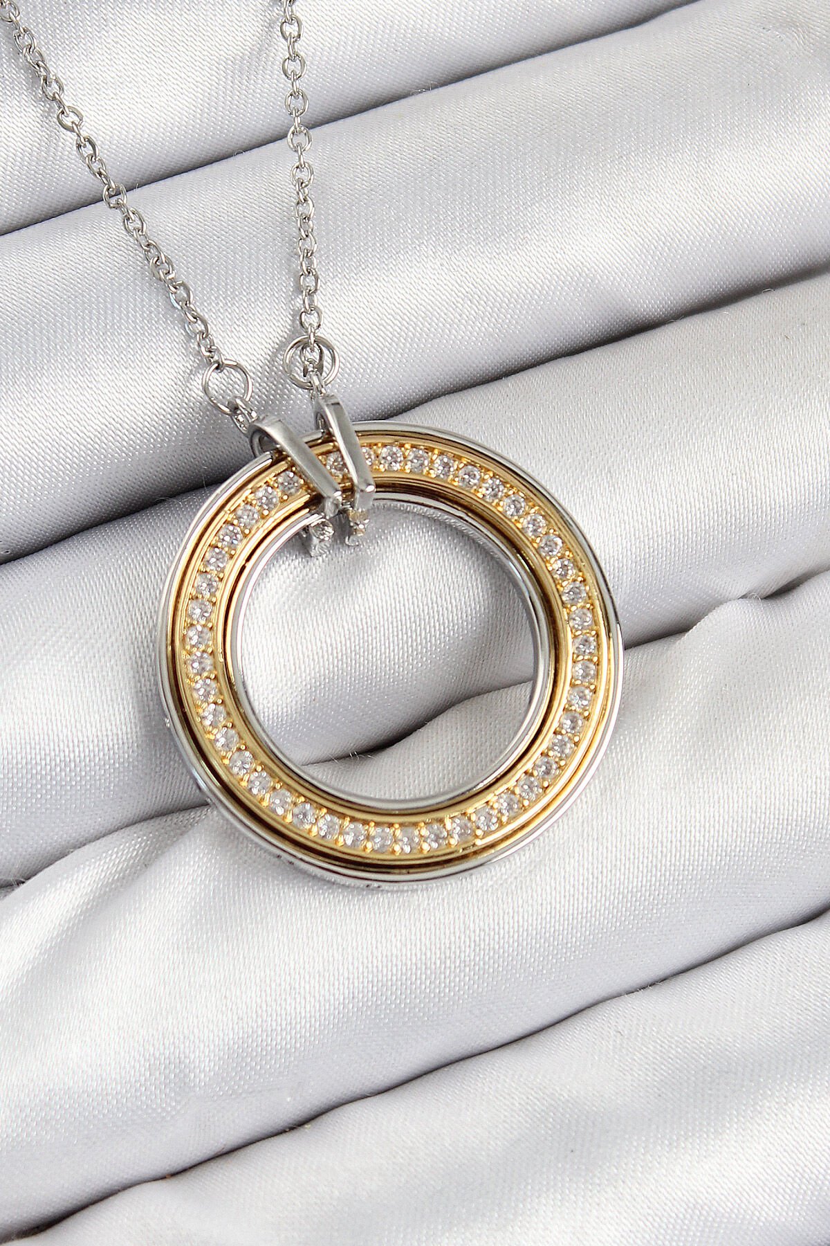 316L Çelik Zirkon Taşlı Dönen Daire Model Gold Ve Gümüş Renk Kadın Kolye - Lisinya