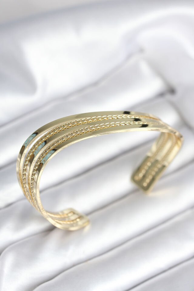 Eğik Şerit Model Gold Renk Pirinç Kadın Bileklik - Lisinya