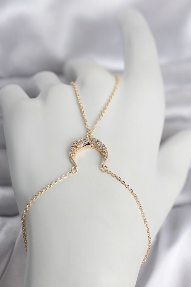 Pirinç Gold Renk Hilal Model Zirkon Taşlı Kadın Şahmeran - Lisinya