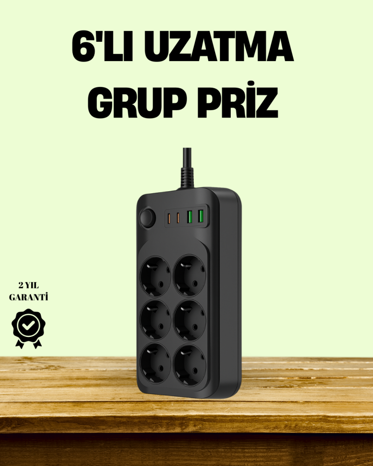 2500W Güçlü 6’lı Priz USB ve Type-C Çıkışlı Termal Korumalı - Lisinya