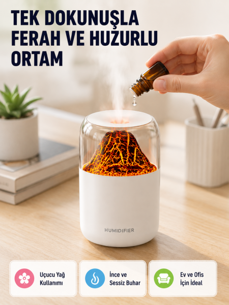 Ultrasonik Alev Efektli Aromaterapi Difüzörü USB Şarjlı ve Otomatik Kapanma Özellikli - Lisinya