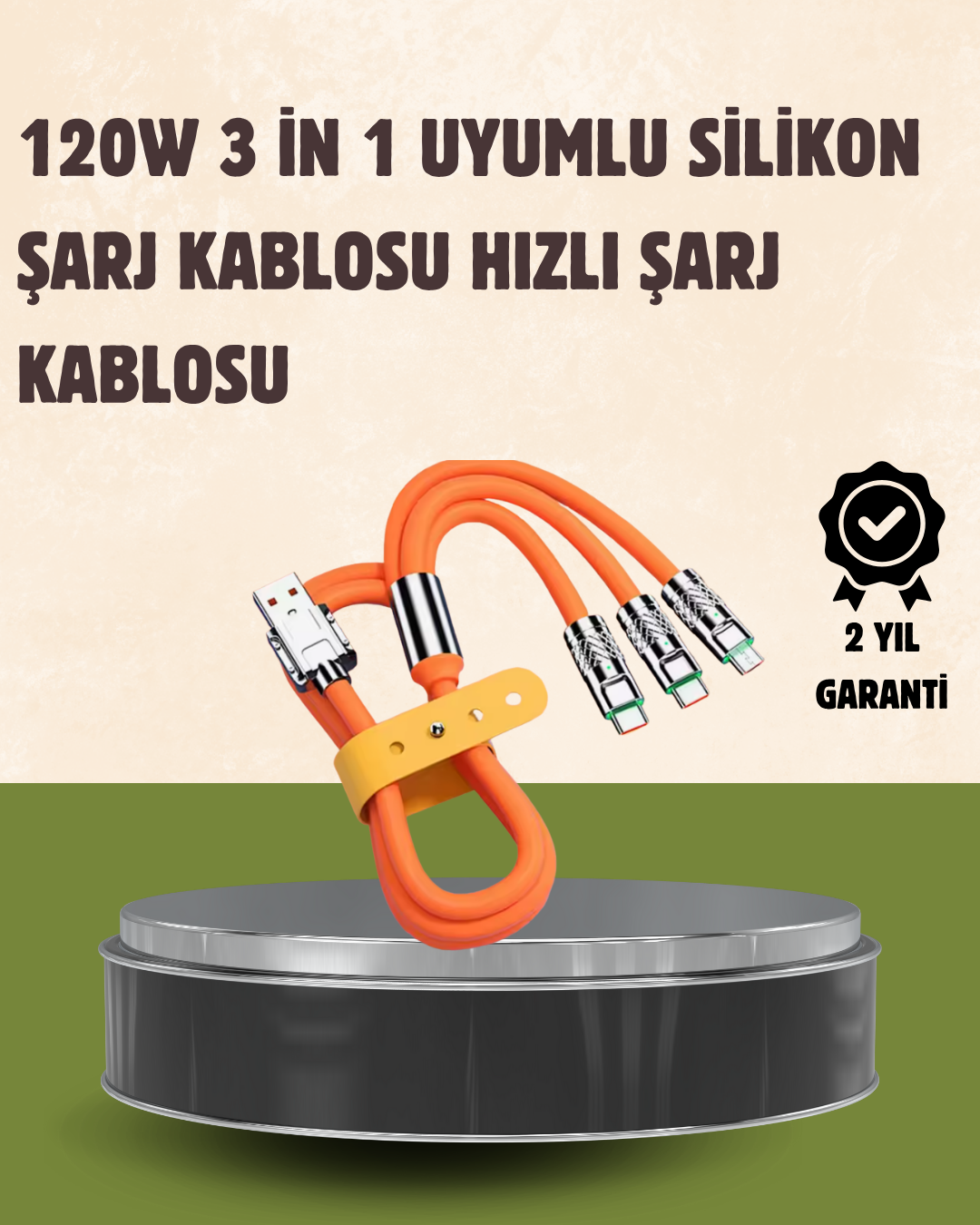 120 W Şarj ve Veri Aktarımı Kablo– 3 Başlıklı Çok Amaçlı Kablo Yüksek Hızlı - Lisinya