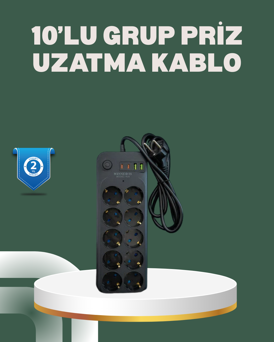 Termal Koruma Sistemli USB Type-C 10’lu Grup Priz 2m 2500W Güç Kapasiteli - Lisinya