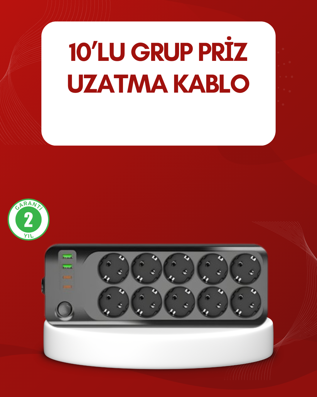 USB Type-C Destekli 10’lu Grup Priz Termal Korumalı 2m Kablo 2500W - Lisinya