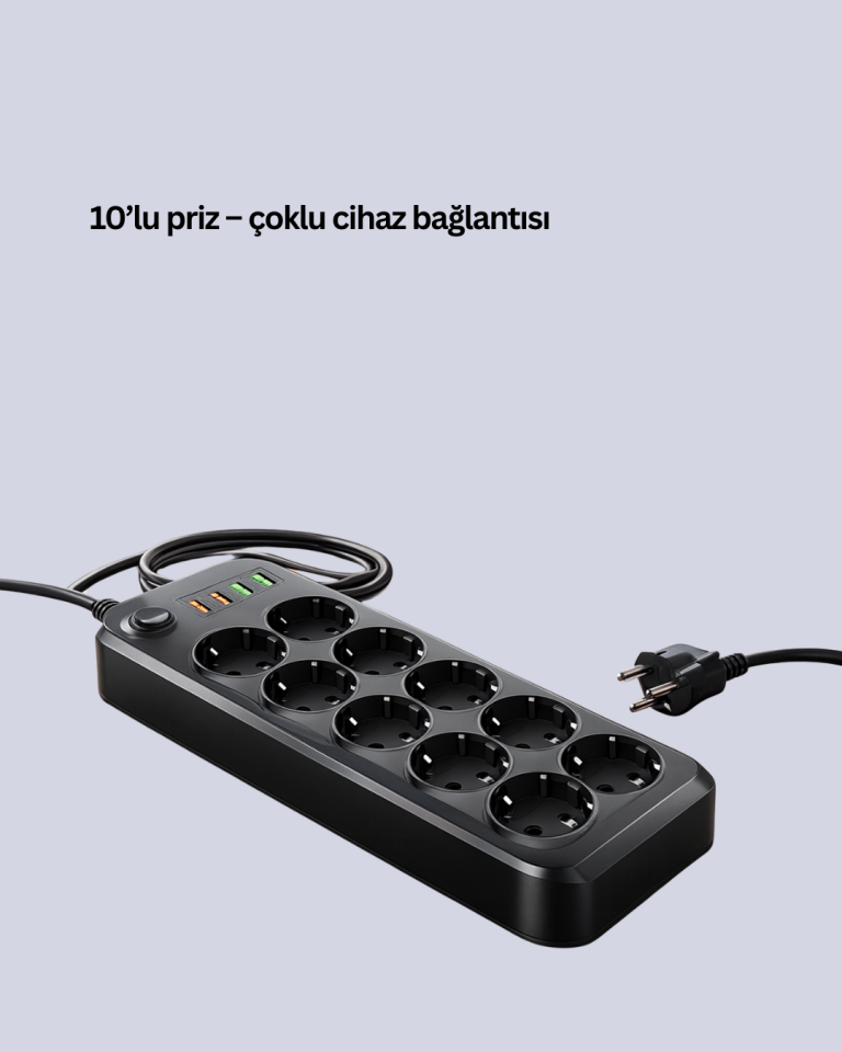 USB Type-C Destekli 10’lu Grup Priz Termal Korumalı 2m Kablo 2500W - Lisinya