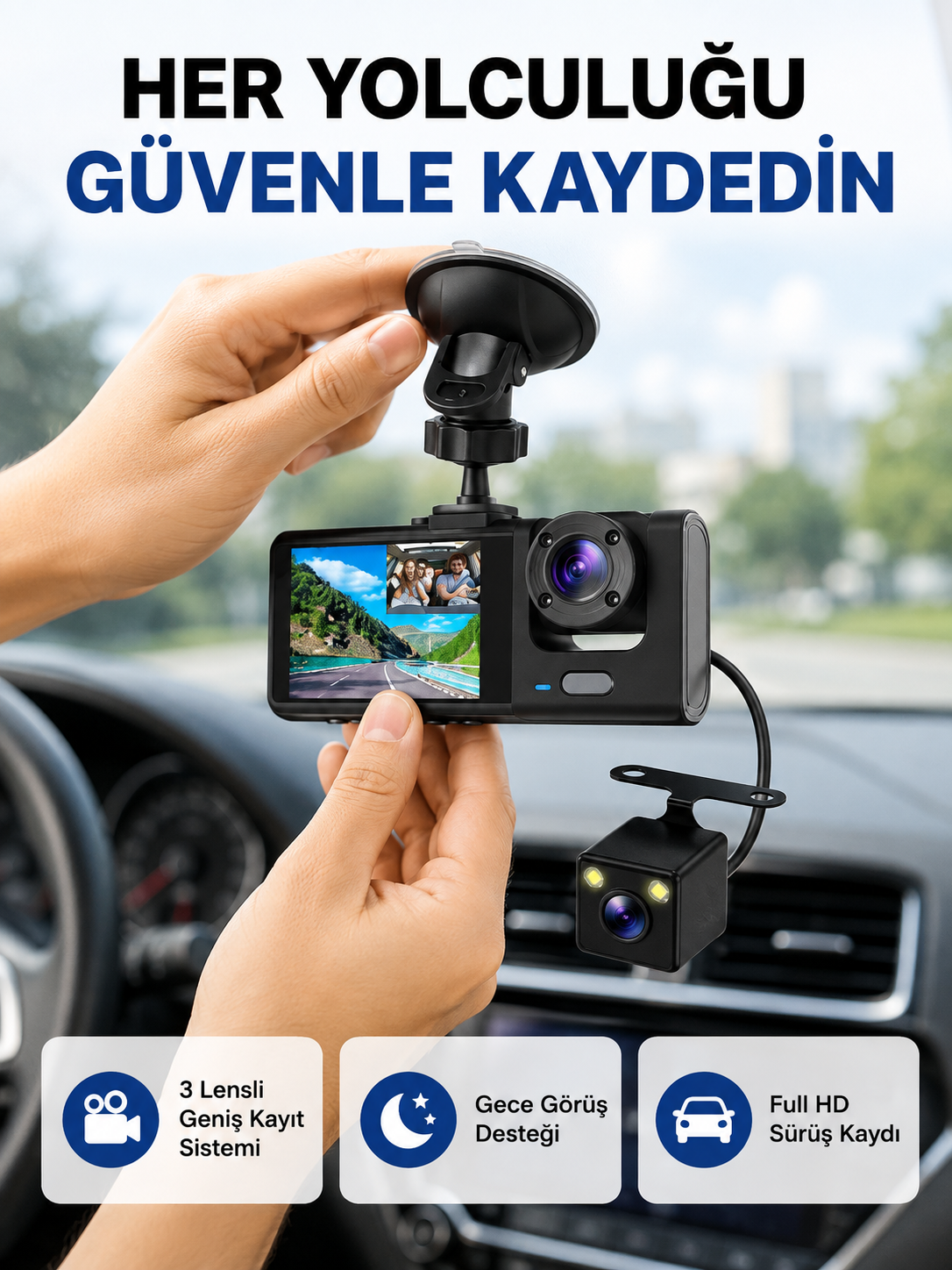 Üç Kameralı Araç İçi Kayıt Sistemi Full HD Gece Görüşlü ve G-Sensör Destekli - Lisinya