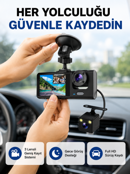 Üç Kameralı Araç İçi Kayıt Sistemi Full HD Gece Görüşlü ve G-Sensör Destekli - Lisinya