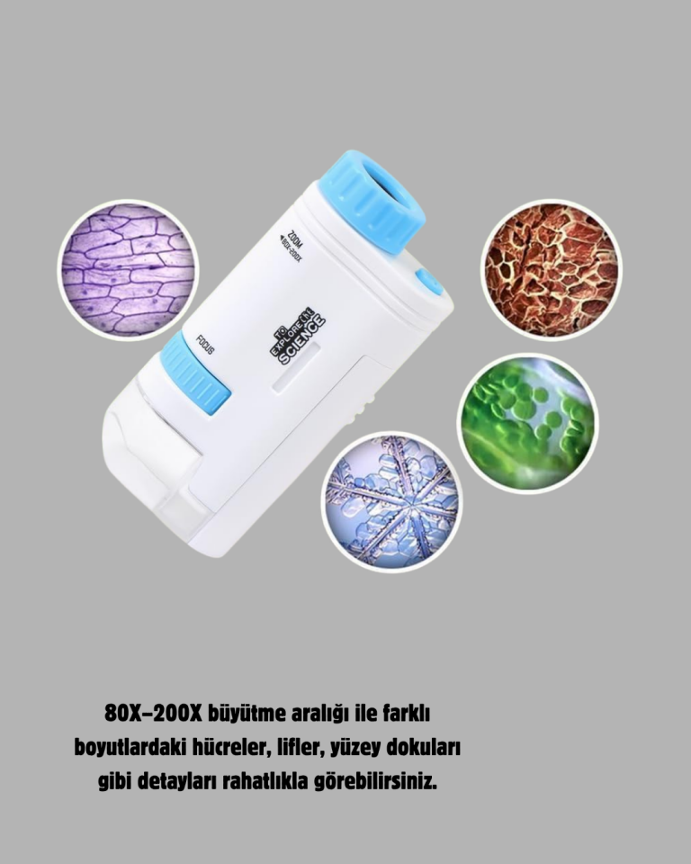 LED Işıklı Mikroskop 80X–200X Zoom Eğitici Bilim Seti ve Taşınabilir - Lisinya