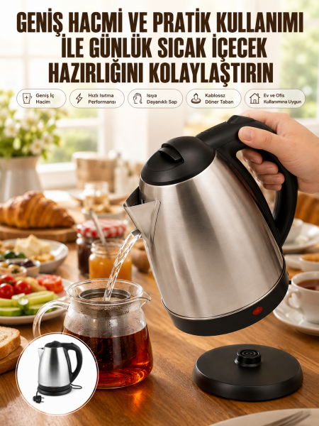 Kettle Su Isıtıcı C F Priz Uyumlu 220 - 240 V Paslanmaz Çelik Kablolu - Lisinya