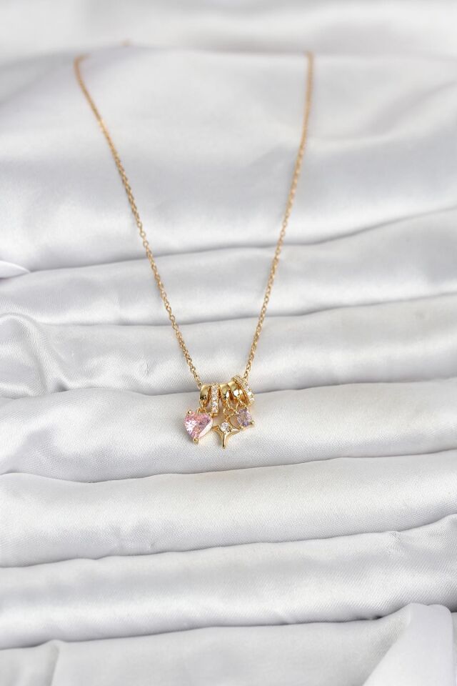 316L Çelik Gold Pembe Zirkon Taşlı Charmlı Kadın Kolye - Lisinya