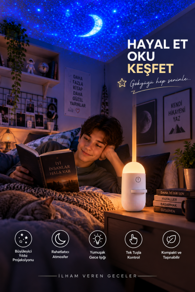 Çocuklar İçin Yumuşak Işıklı Ay Yıldız Projeksiyon Lambası
