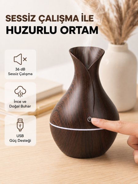 Ahşap Desenli Aromaterapi Difüzör 130 ml Ultrasonik ve 7 Renk LED Işıklı - Lisinya