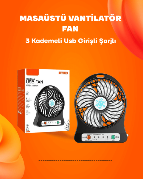 Mini Vantilatör Masaüstü – USB Girişli, Şarjlı, 3 Kademe, Sessiz Motor, Işıklı