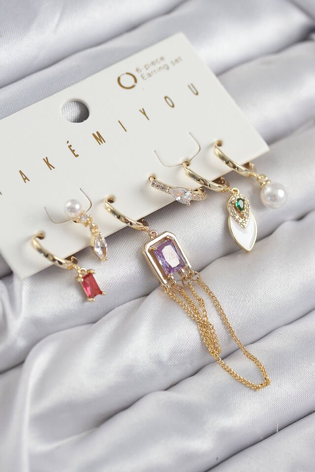 Pirinç Zirkon Taşlı Sallantılı Ve İncili Gold Renk 6'lı Küpe Set - Lisinya