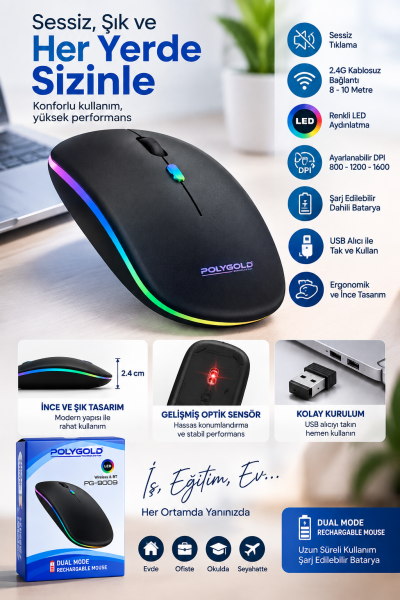 Kablosuz Şarjlı Sessiz Tıklamalı Ergonomik Mouse