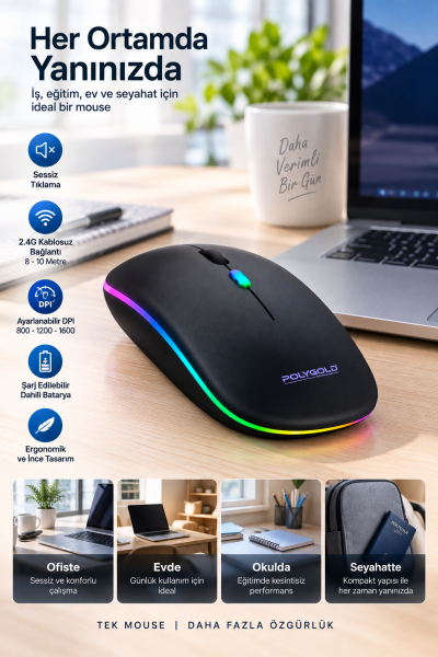 Sessiz Tıklama 800 1200 1600 DPI Ayarlanabilir Mouse