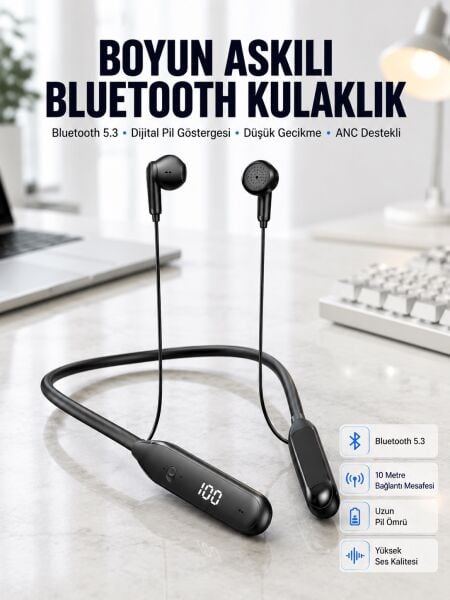 60 Saat Kablolu Boyun Askılı Dijital Göstergeli Bluetooth Kulaklığı Yeni Nesil - Lisinya