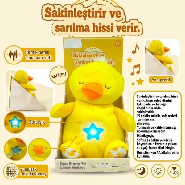 Nefes Alan Işıklı ve Müzikli Uyku Arkadaşı Peluş Civciv - Sakinleştirici Bebek Oyuncağı (Lisinya)