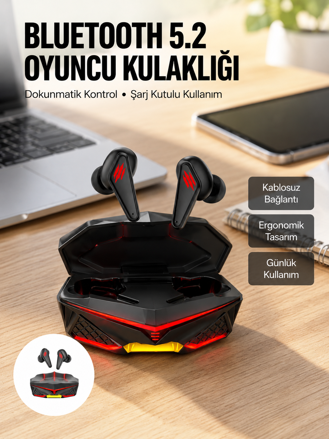 Profesyonel TWS Işıklı Kablosuz Bluetooth Kulaklık Oyuncu Kulaklığı Yeni Nesil - Lisinya