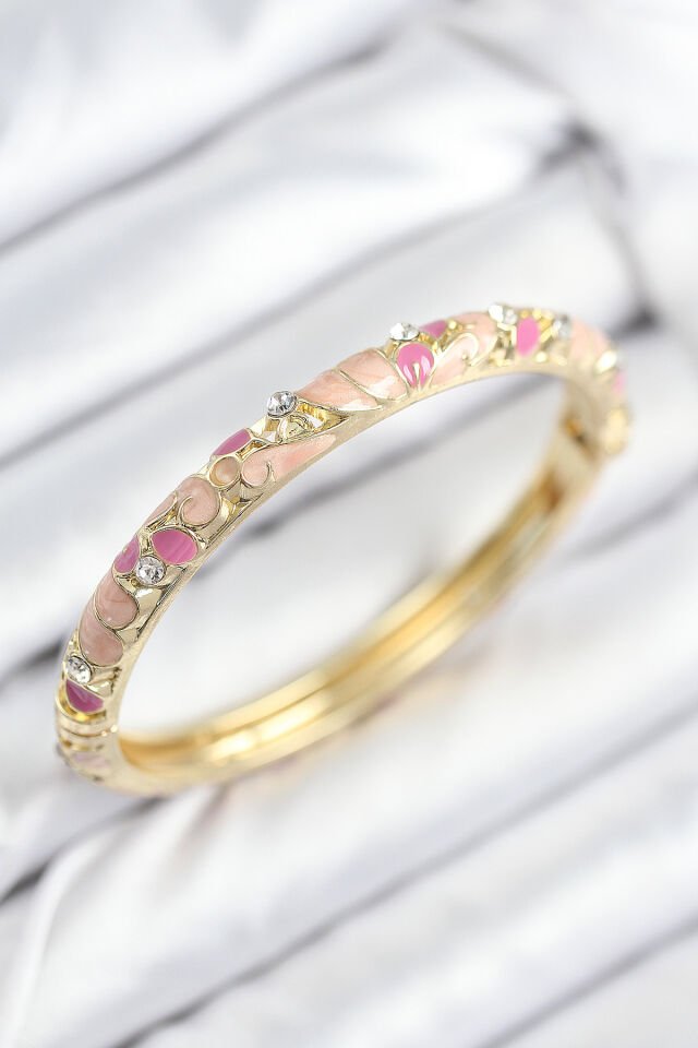 Mineli Pirinç Zirkon Taşlı Pembe Çiçek Motifli Gold Kadın Kelepçe - Lisinya