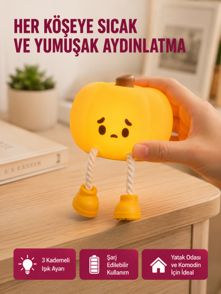 Pumpkin LED Night Light Dokunmatik Şarjlı Silikon Gece Lambası Yeni Nesil - Lisinya