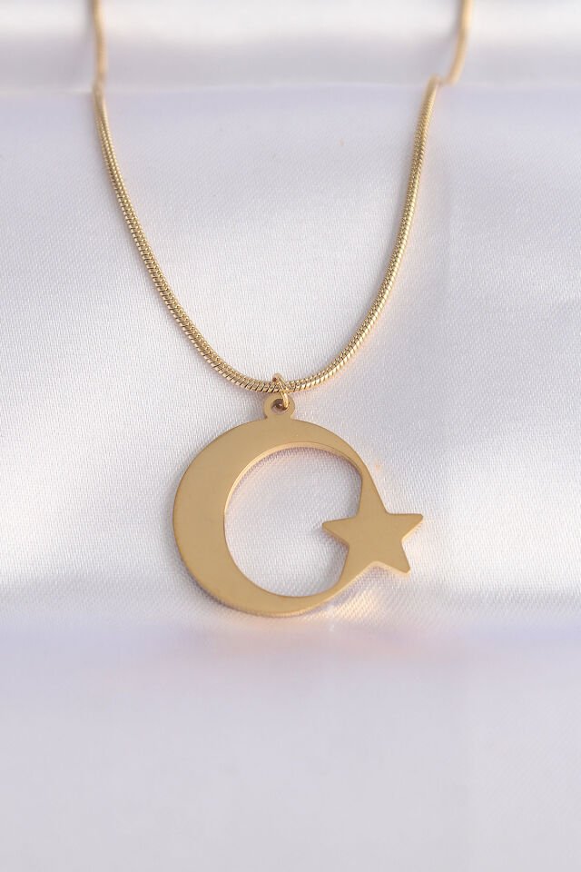 316L Çelik Zincir Gold Renk Ay Yıldız Unisex Kolye - Lisinya