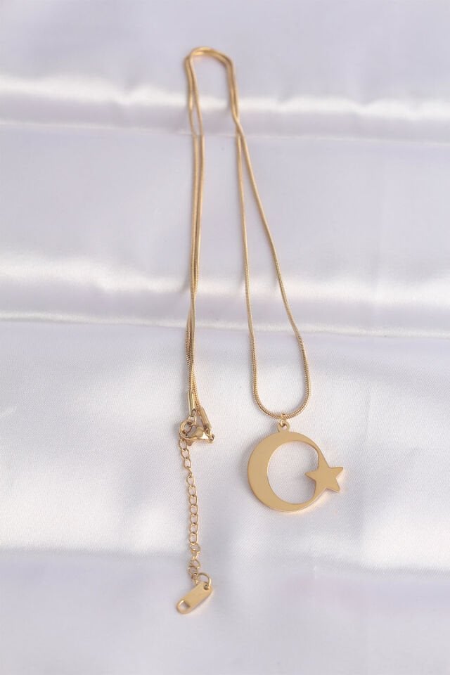 316L Çelik Zincir Gold Renk Ay Yıldız Unisex Kolye - Lisinya