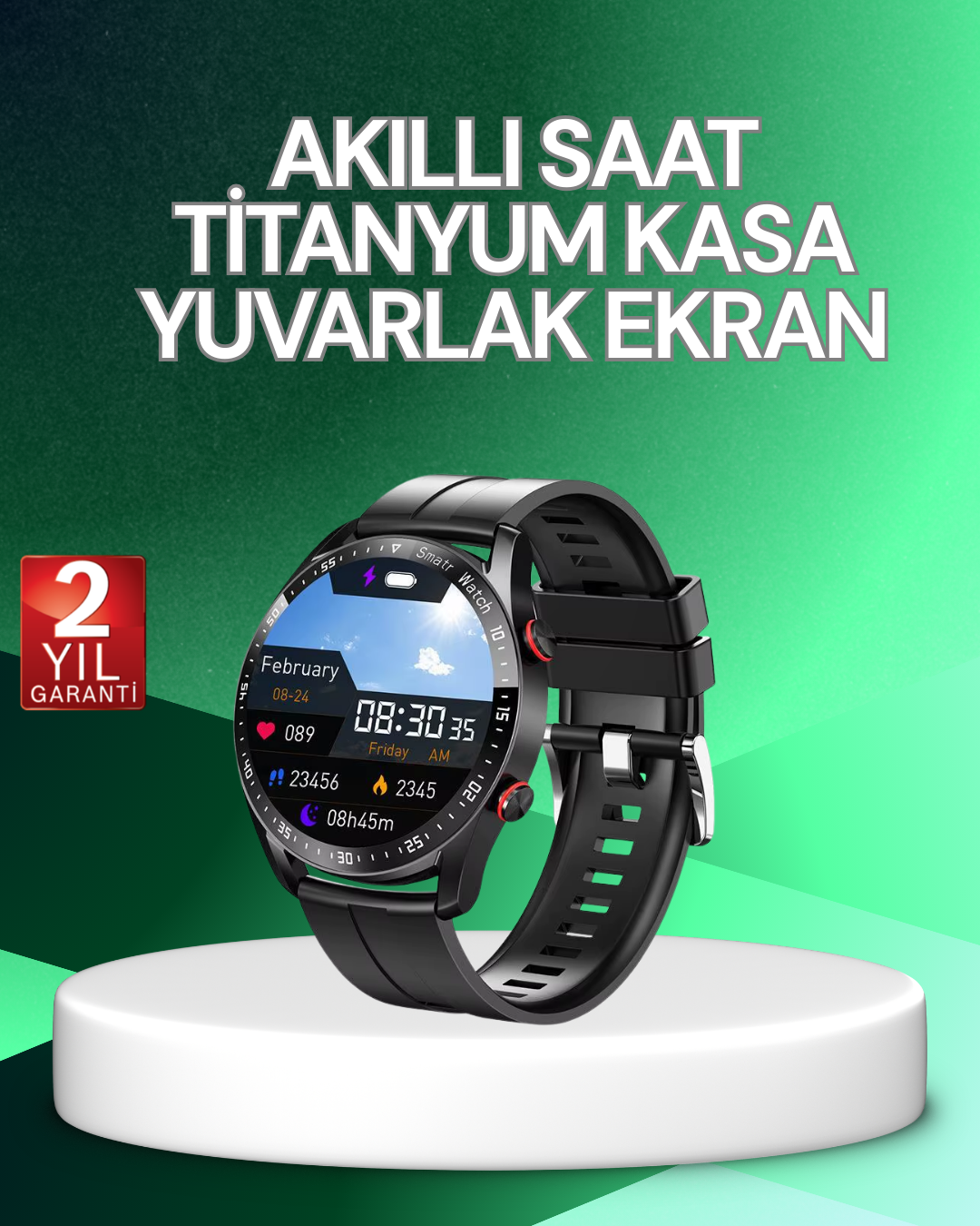 Akıllı Saat Titanyum Kasa Yuvarlak Ekran Alarm Uyku ve Sağlık Takibi Titreşimli - Lisinya