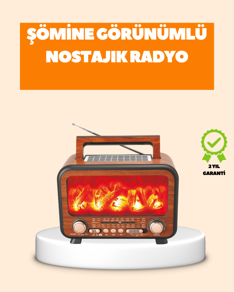 YamanHobi Şömine Görünümlü Solar Bluetooth 5.3 Hoparlör 7W Kahverengi