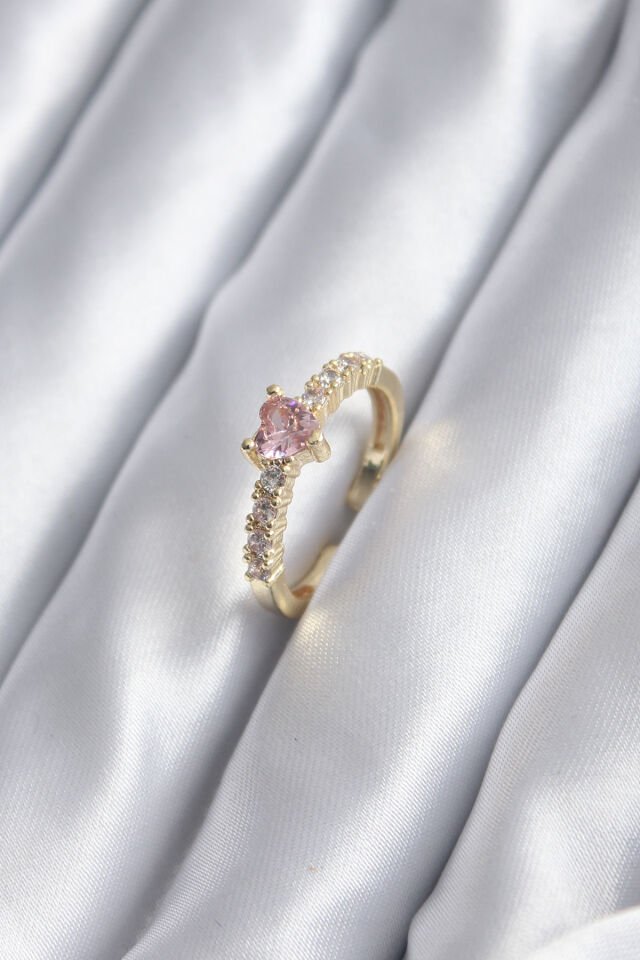 Gold Renk Zirkon Taşlı Pembe Kristal Kalp Model Kadın Yüzük - Lisinya