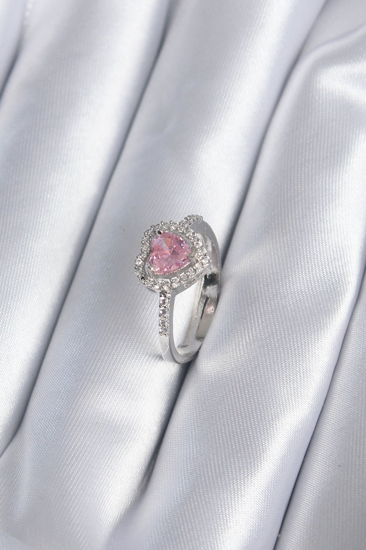 Pirinç Gümüş Renk Pembe Zirkon Taş Kalp Charm Model Kadın Yüzük - Lisinya
