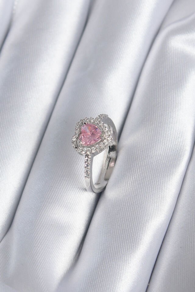 Pirinç Gümüş Renk Pembe Zirkon Taş Kalp Charm Model Kadın Yüzük - Lisinya