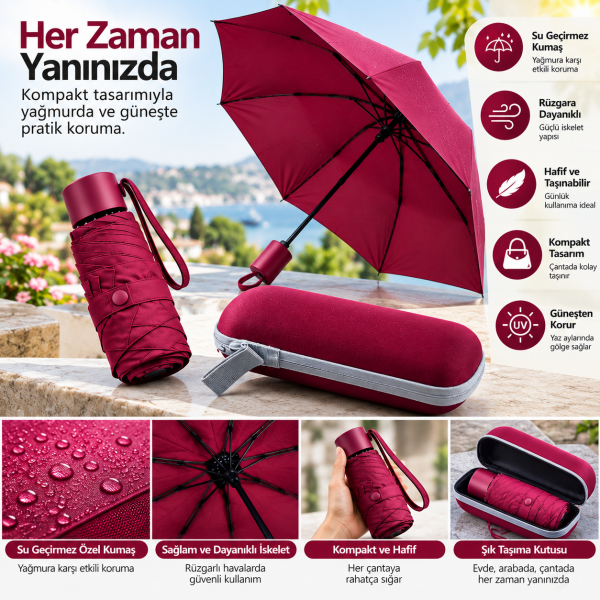 Kompakt Tasarımıyla Çantada Kolay Taşınan Bordo Kapsül Şemsiye Su Geçirmez ve Rüzgara Dayanıklı